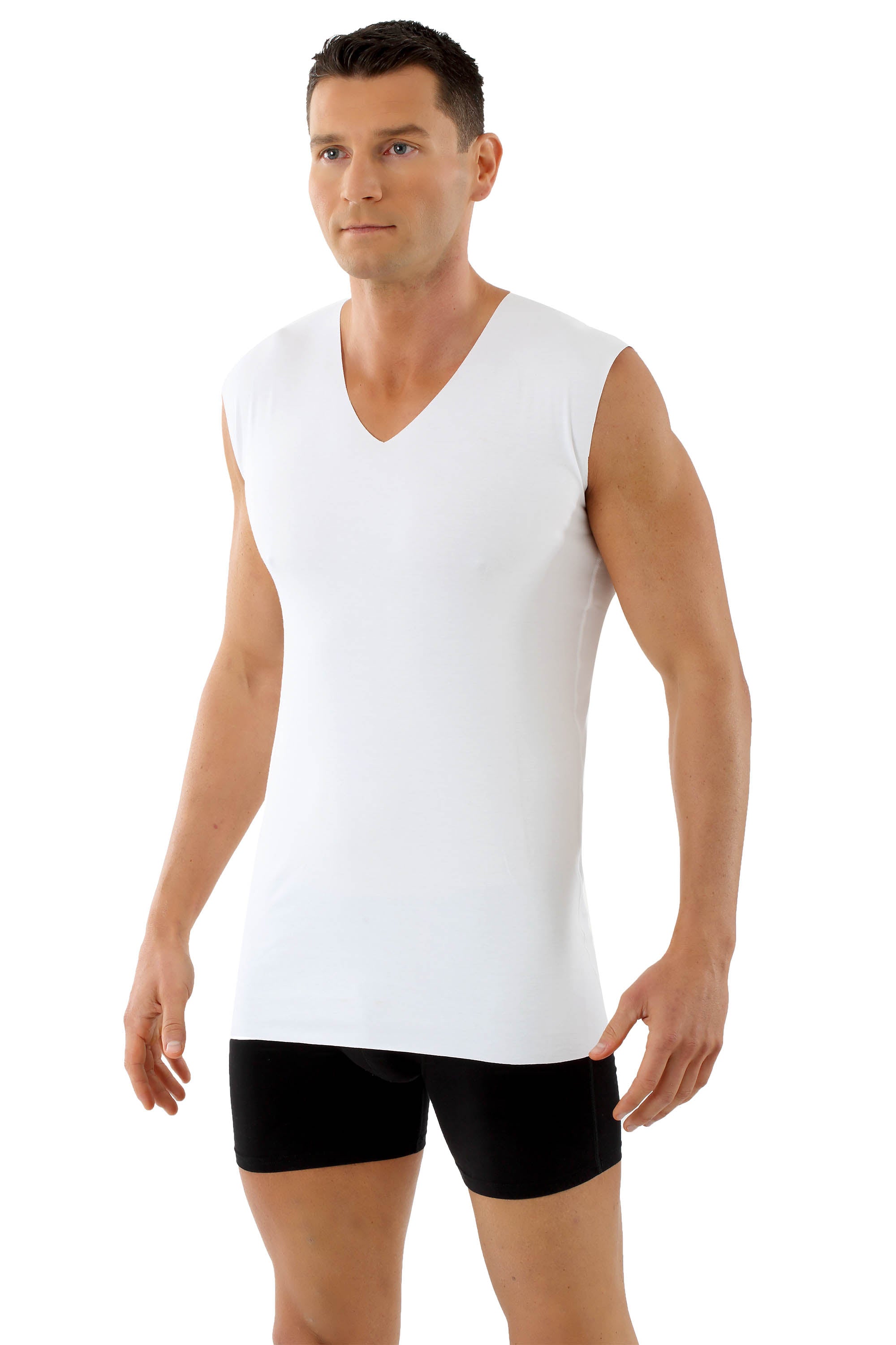 Herren Unterhemd Lasercut ohne Saum Clean Cut V-Ausschnitt ohne Arm weiß