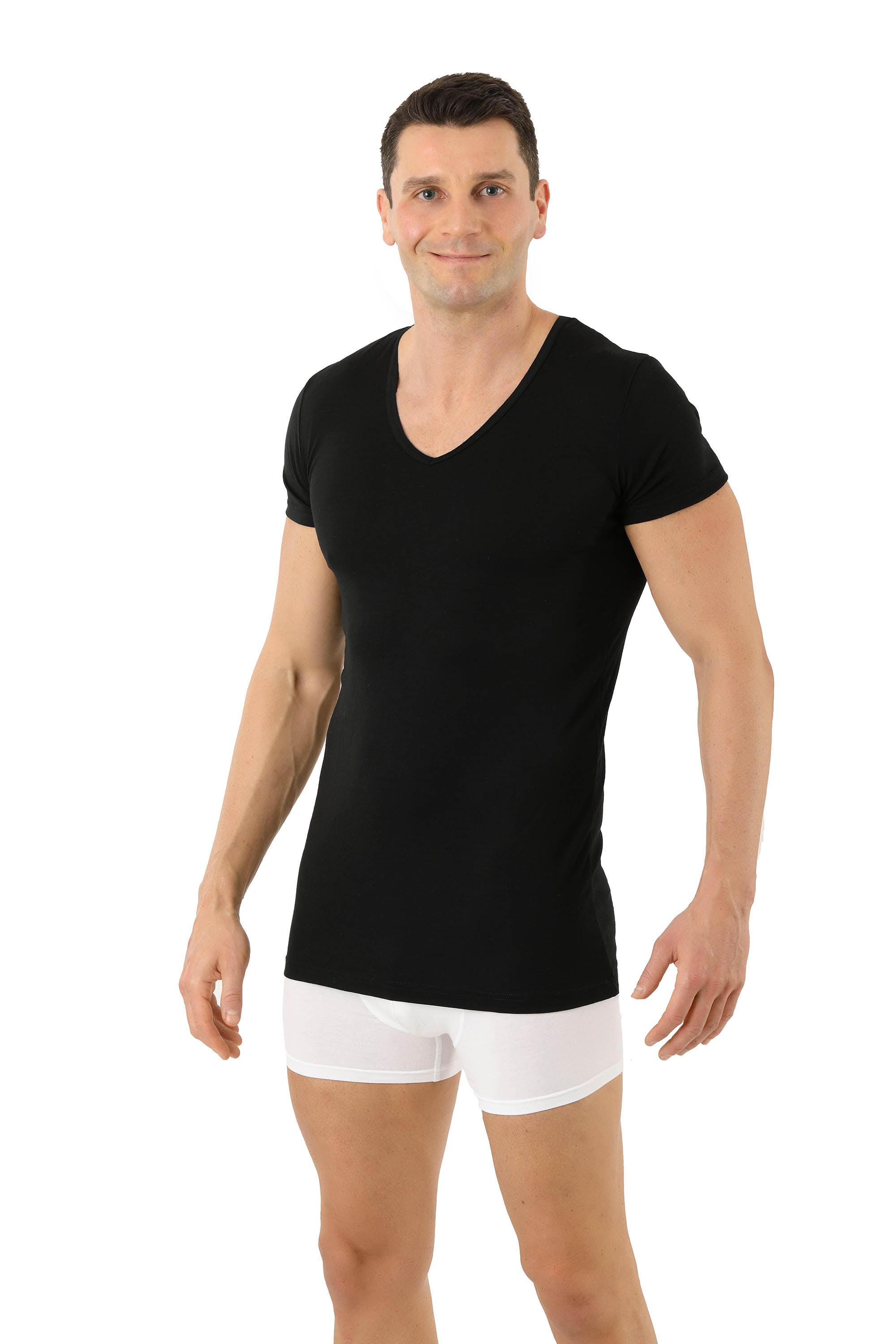 Herren Unterhemd Merino Wolle Mulesing-frei Kurzarm V-Ausschnitt schwarz