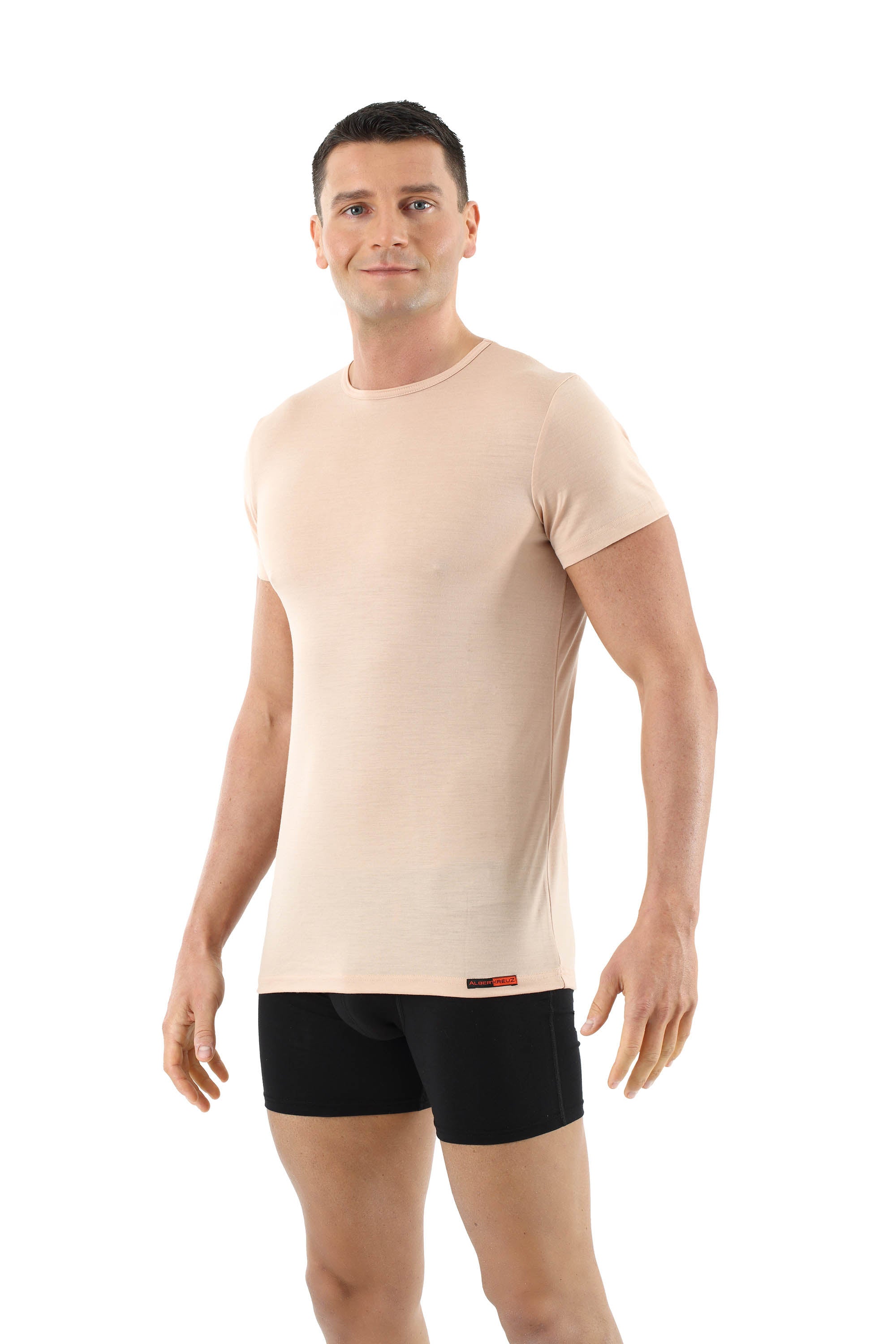 Herren Unterhemd Merino Wolle Kurzarm Rundhals unsichtbar Hautfarbe