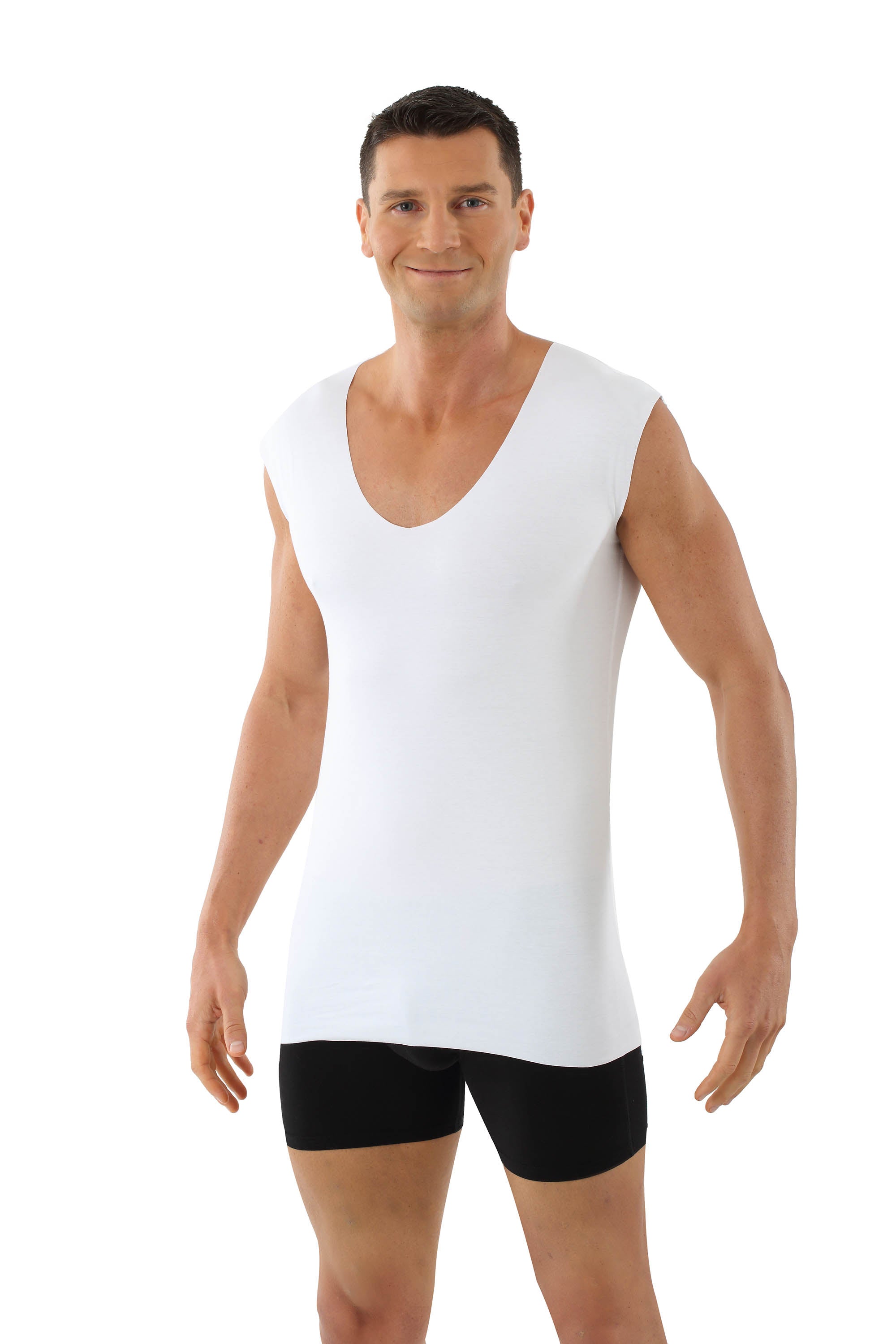 Herren Unterhemd Lasercut ohne Saum Clean Cut Deep-V ohne Arm weiß