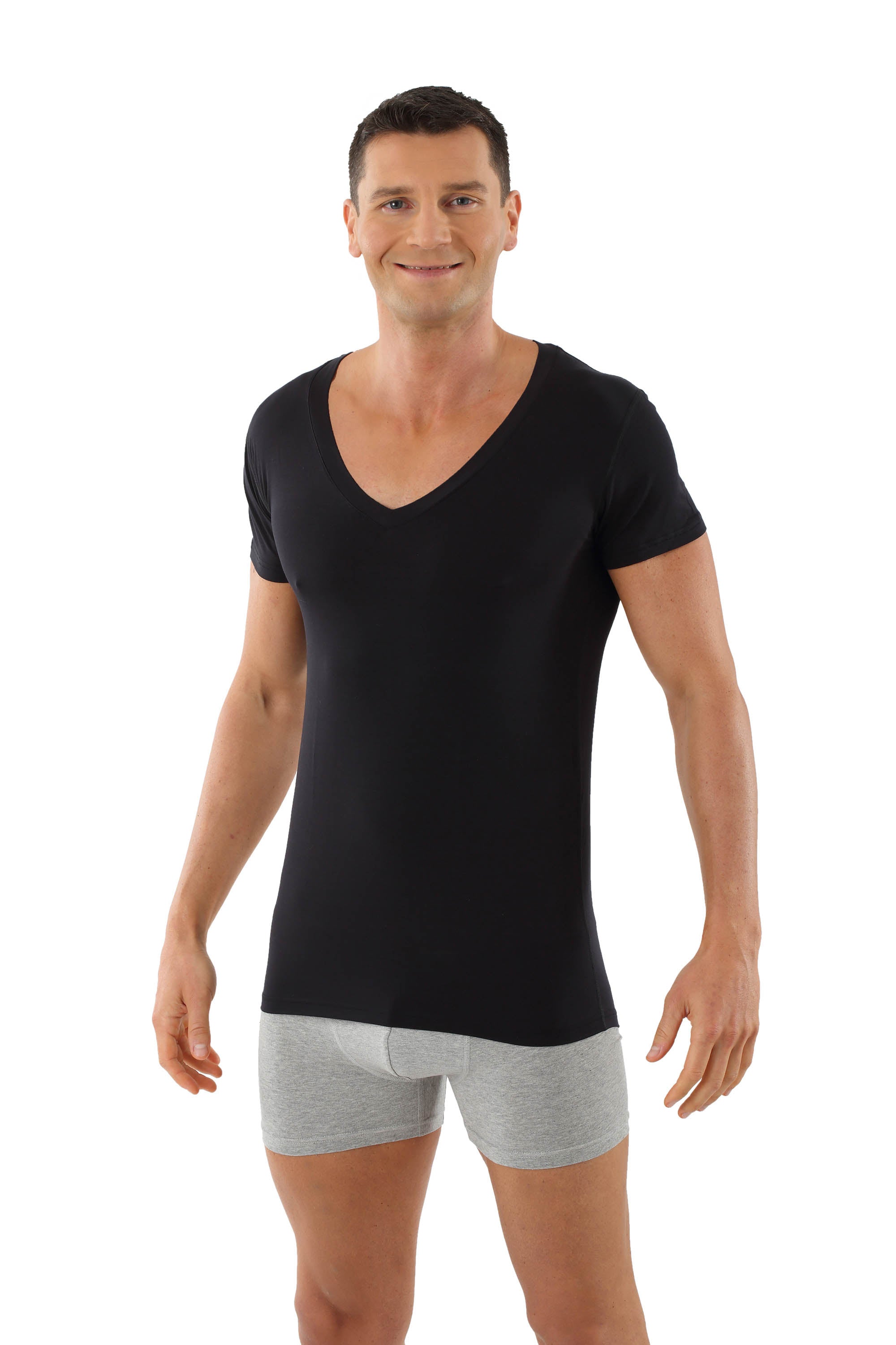 Herren Unterhemd-Light Deep-V-Neck Kurzarm Schwarz Stuttgart