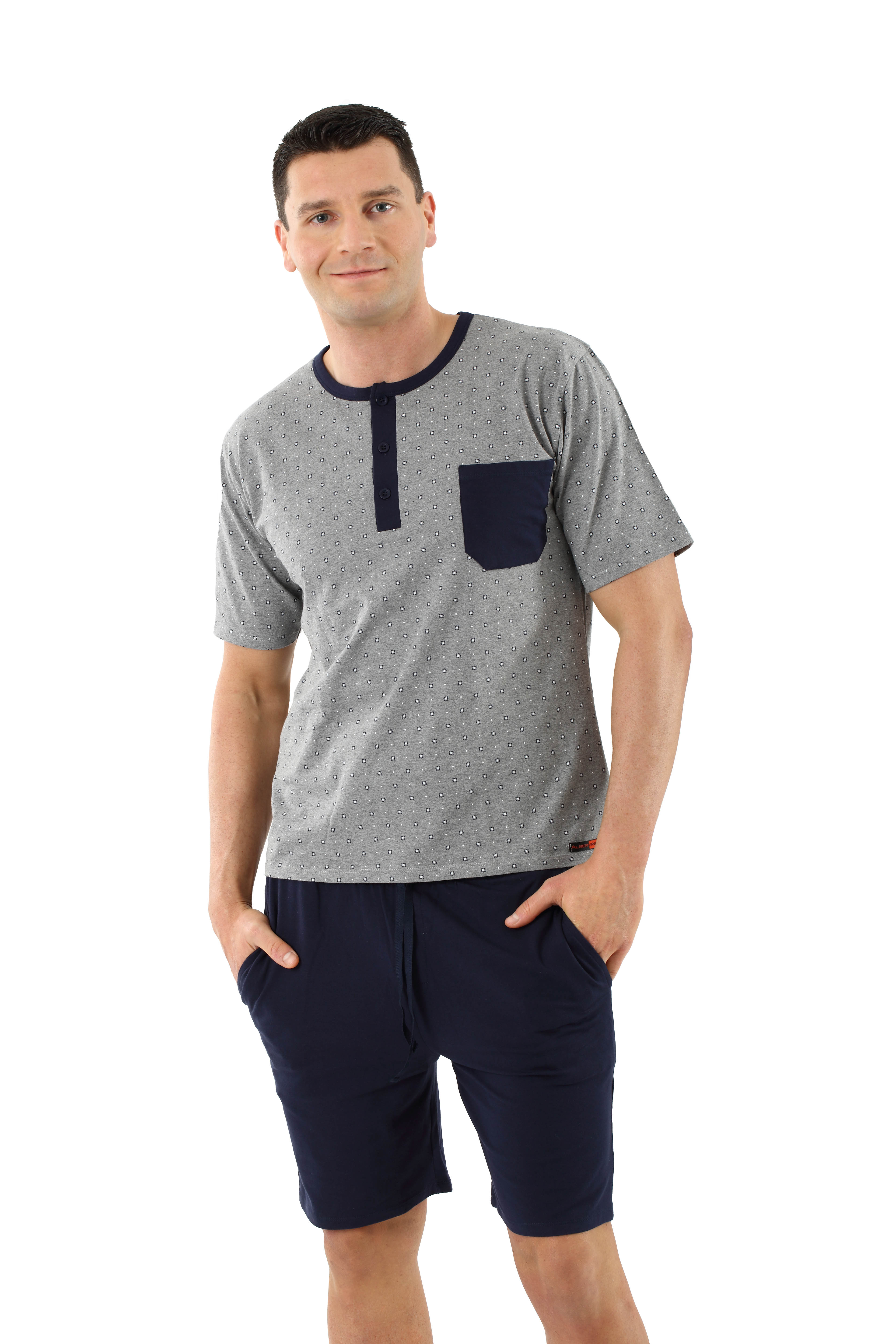 Herren Schlafanzug Kurzarm mit kurzen Hosen Stretch-Baumwolle, Marine-Grau gemustert