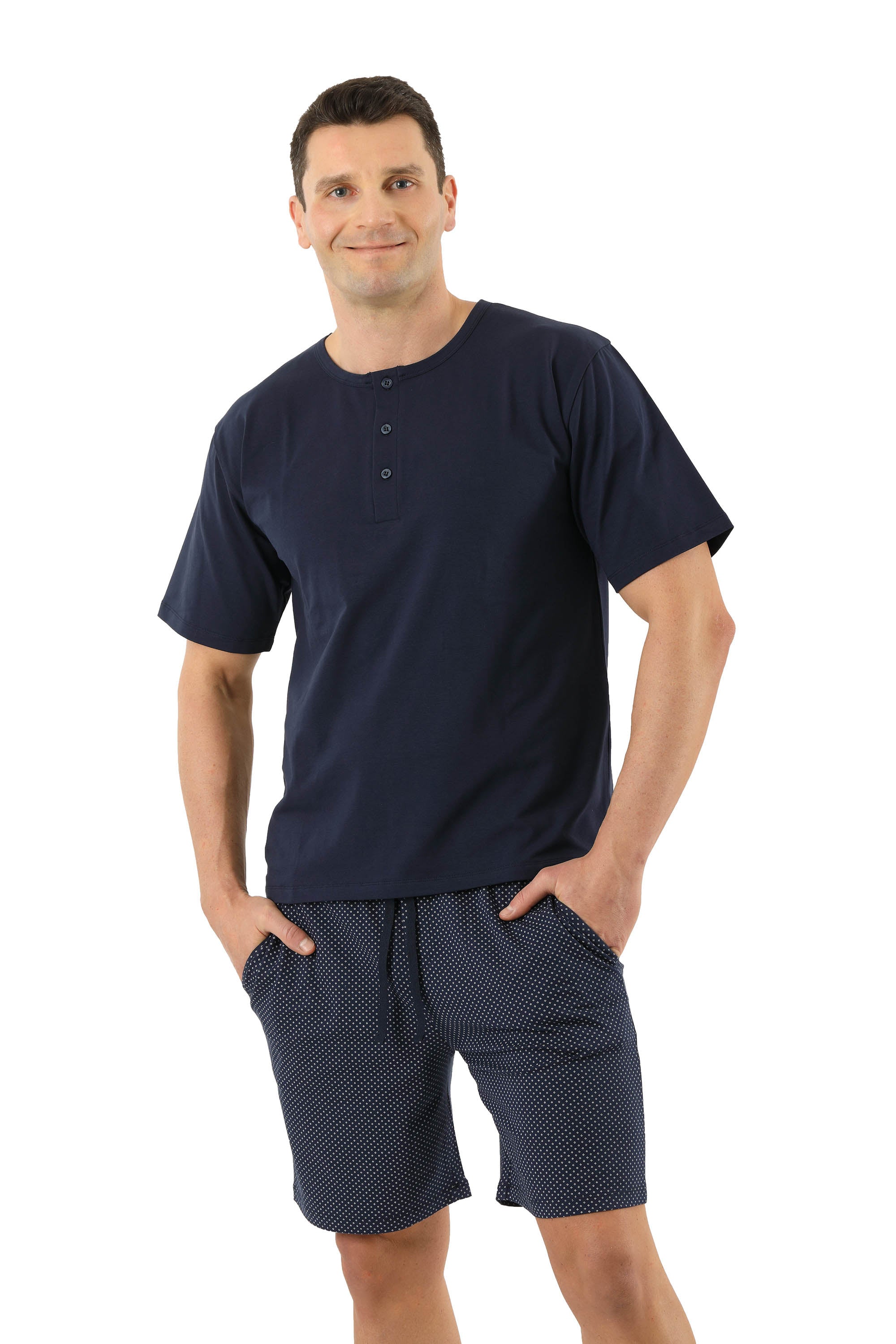 Herren Schlafanzug Kurzarm mit kurzen Hosen Stretch-Baumwolle, Marine gemustert