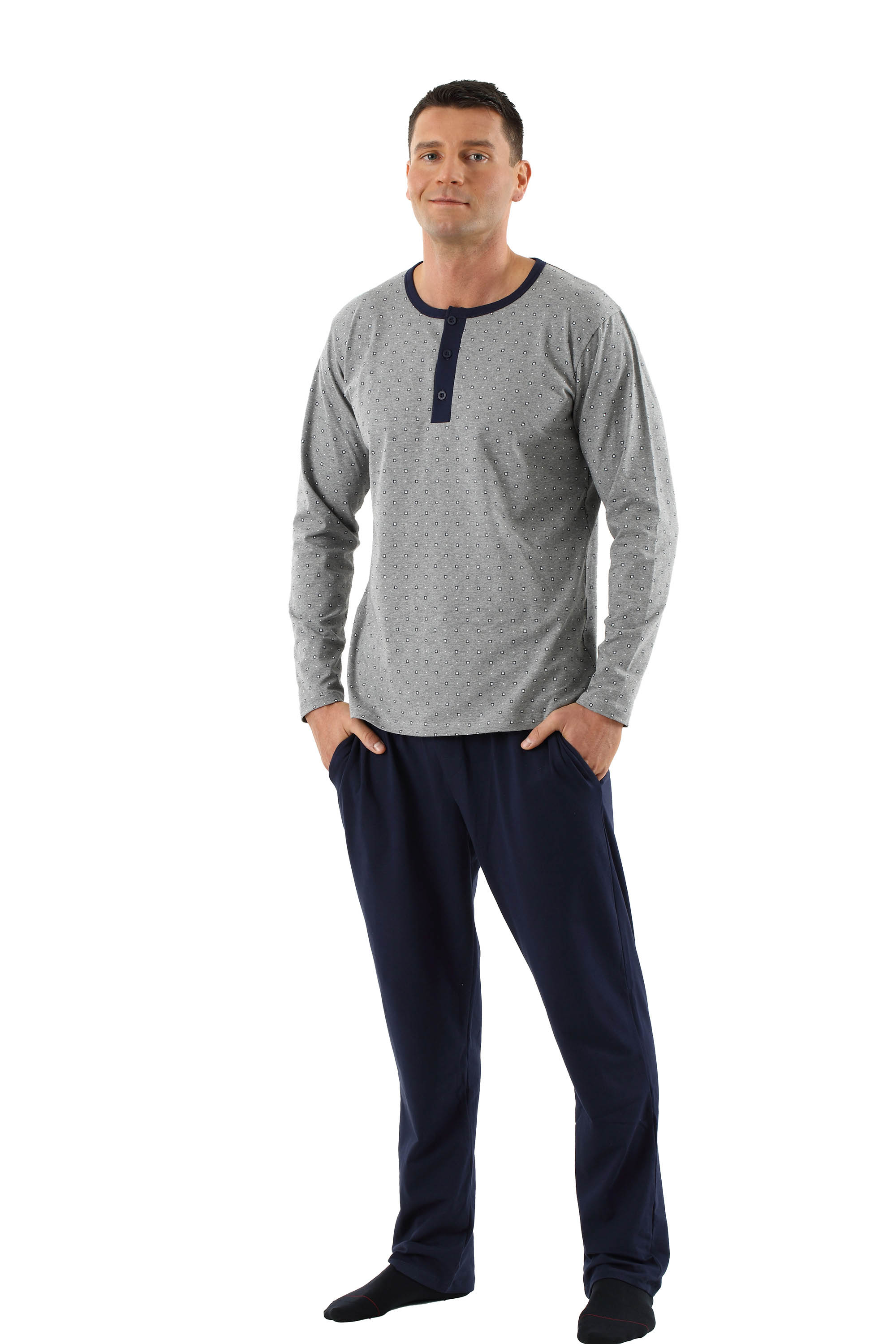 Herren Schlafanzug Langarm mit langen Hosen Stretch-Baumwolle marine - grau gemustert