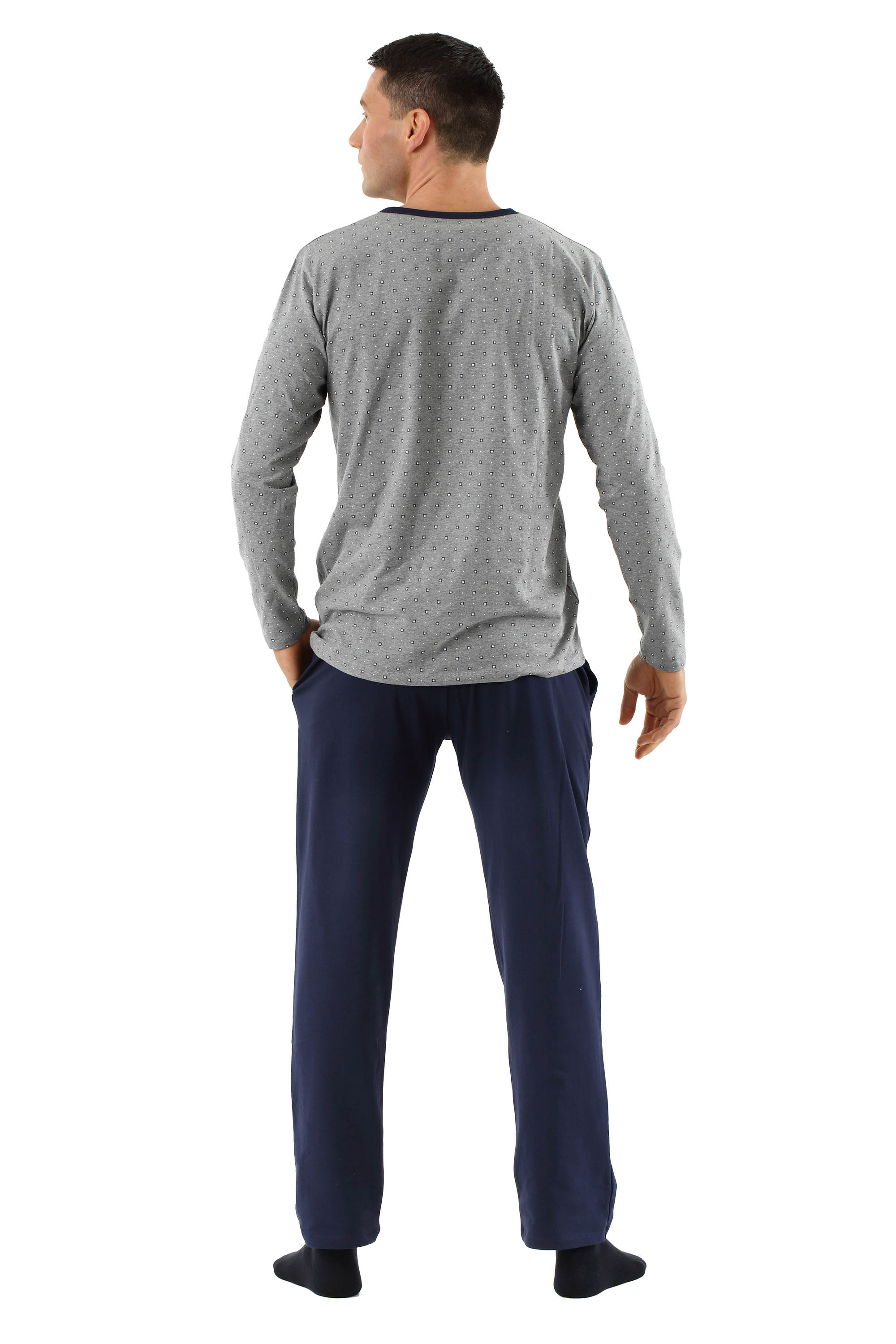 Herren Schlafanzug Langarm mit langen Hosen Stretch-Baumwolle marine - grau gemustert