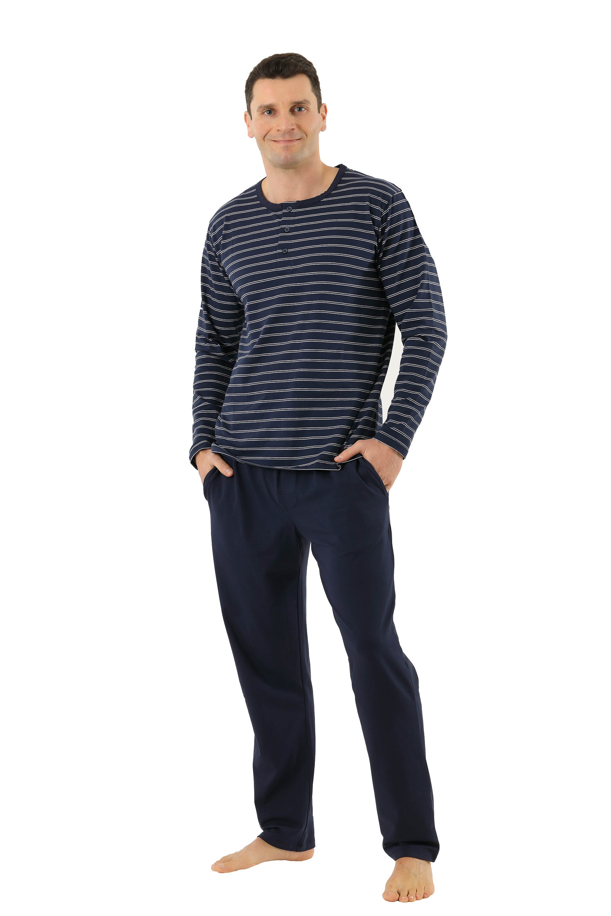 Herren Schlafanzug Langarm mit langen Hosen Stretch-Baumwolle marine - gestreift