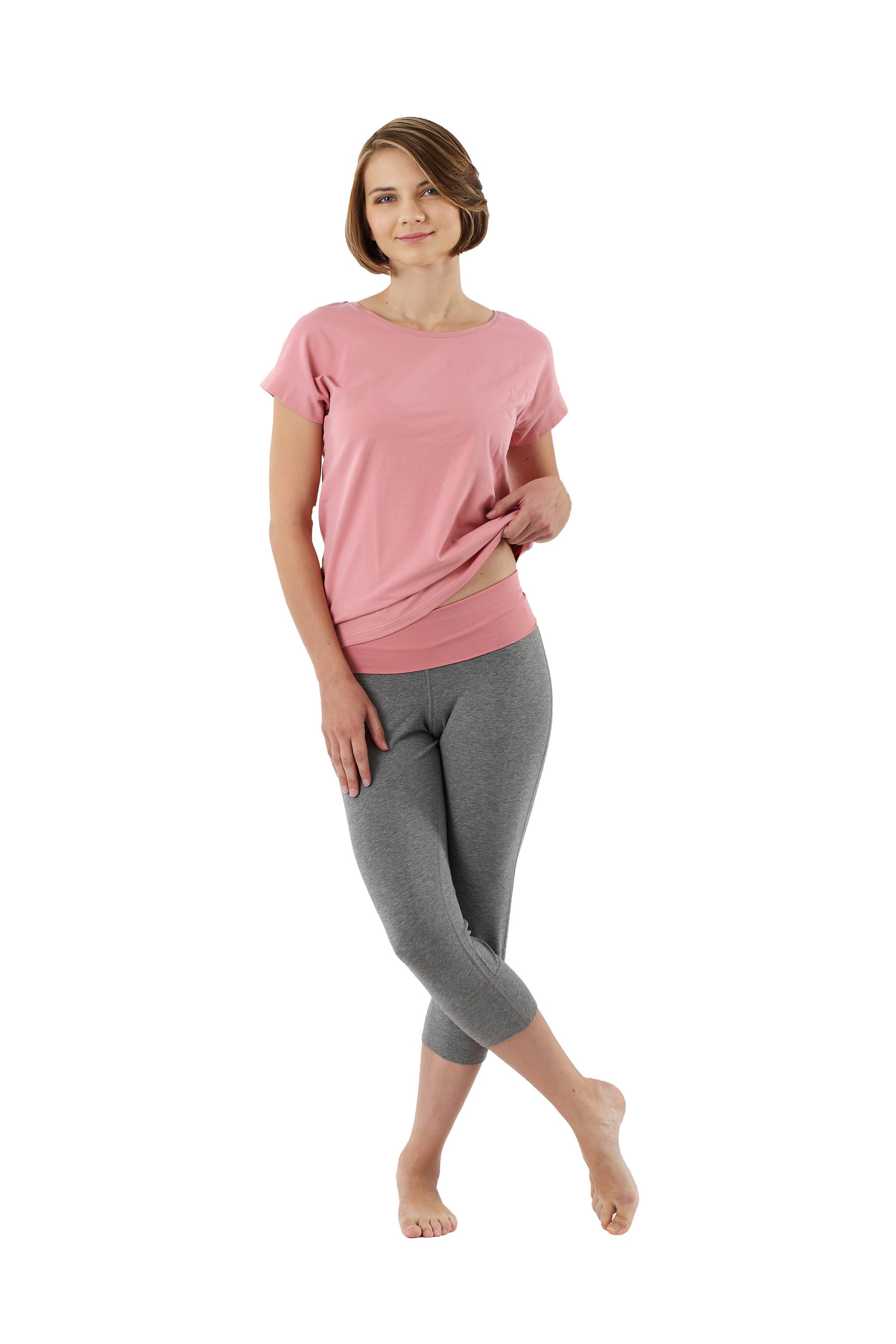 Damen Schlafanzug 3/4 Hose und Kurzarm-Shirt Stretch-Baumwolle rosa-grau