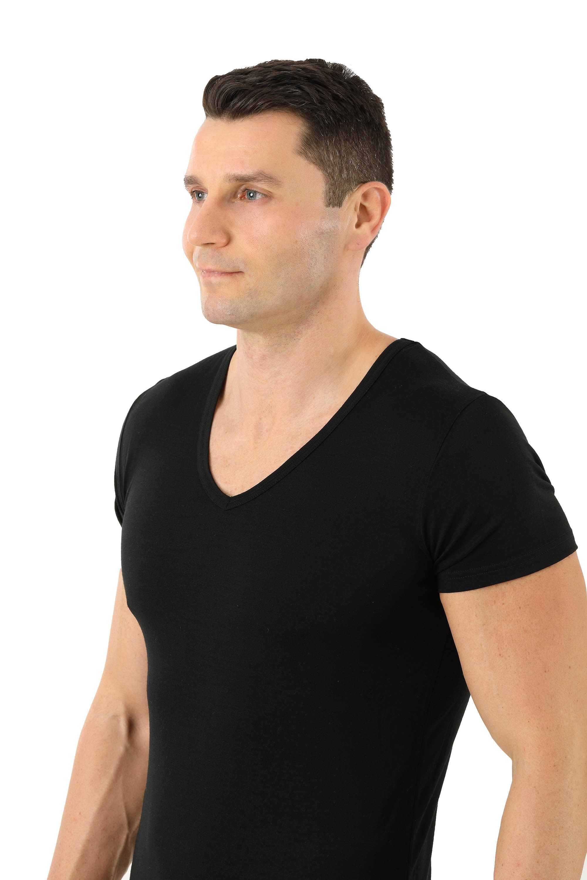 Herren Unterhemd Merino Wolle Mulesing-frei Kurzarm V-Ausschnitt schwarz