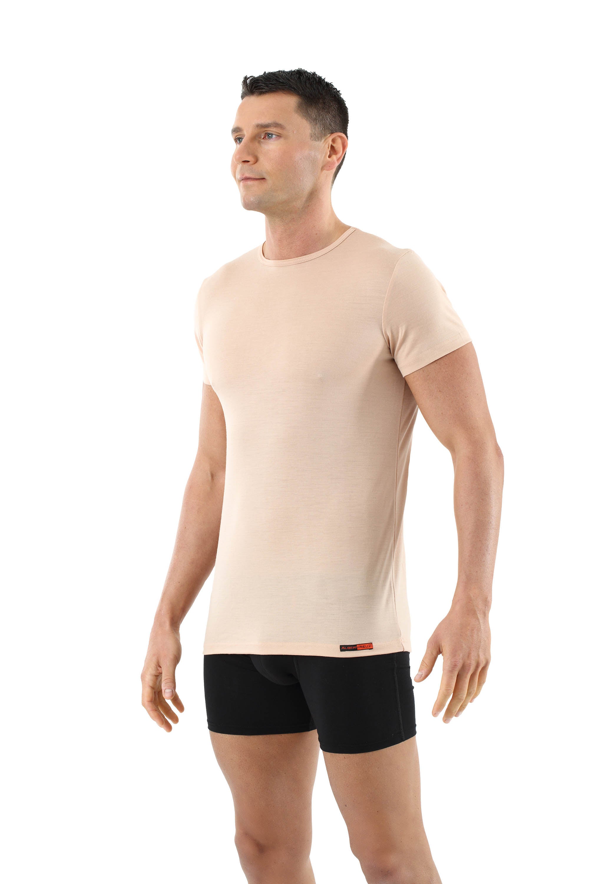 Herren Unterhemd Merino Wolle Mulesing-frei Kurzarm Rundhals unsichtbar Hautfarbe