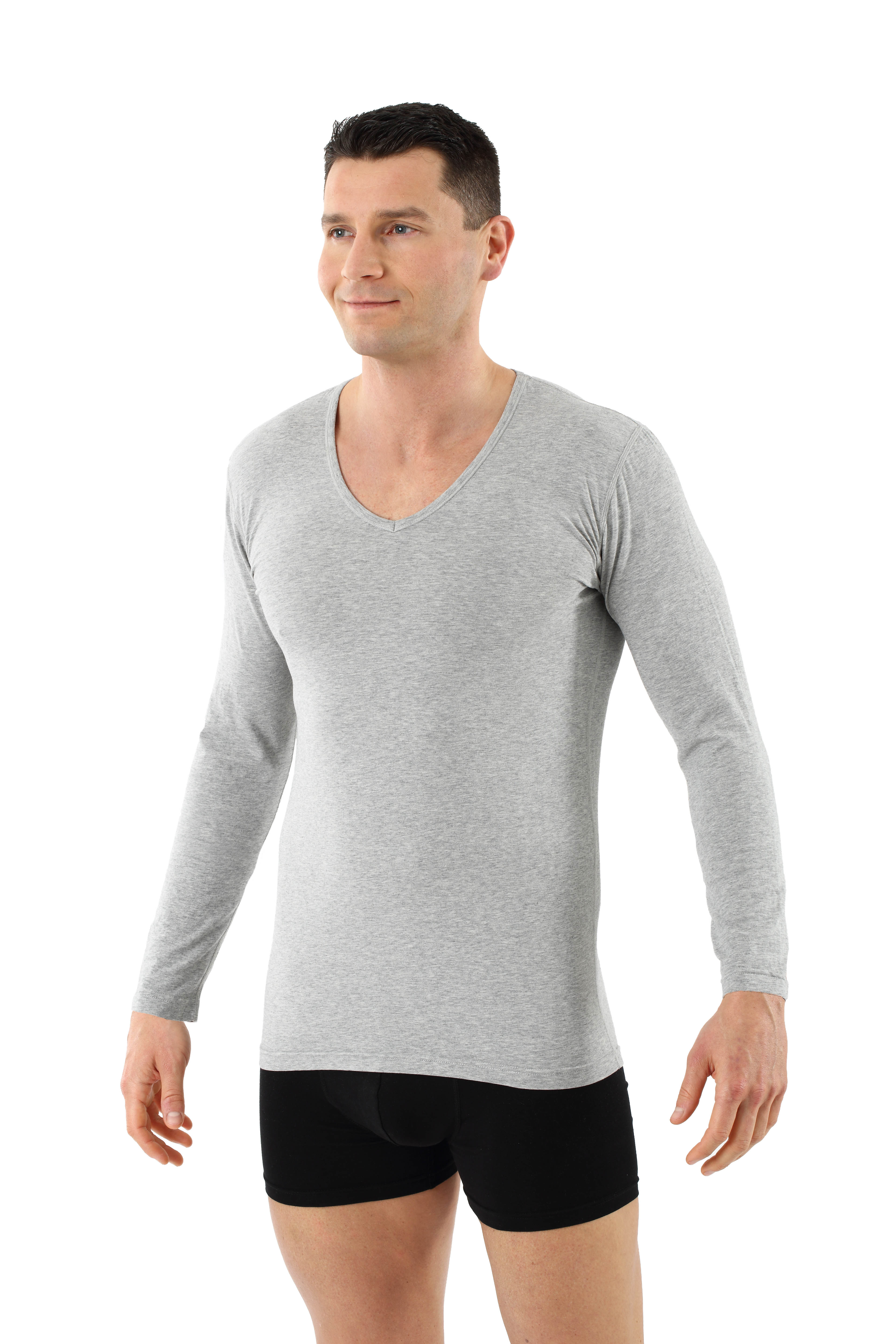 Herren Langarm-Unterhemd Bio-Baumwolle mit Elastan V-Ausschnitt grau