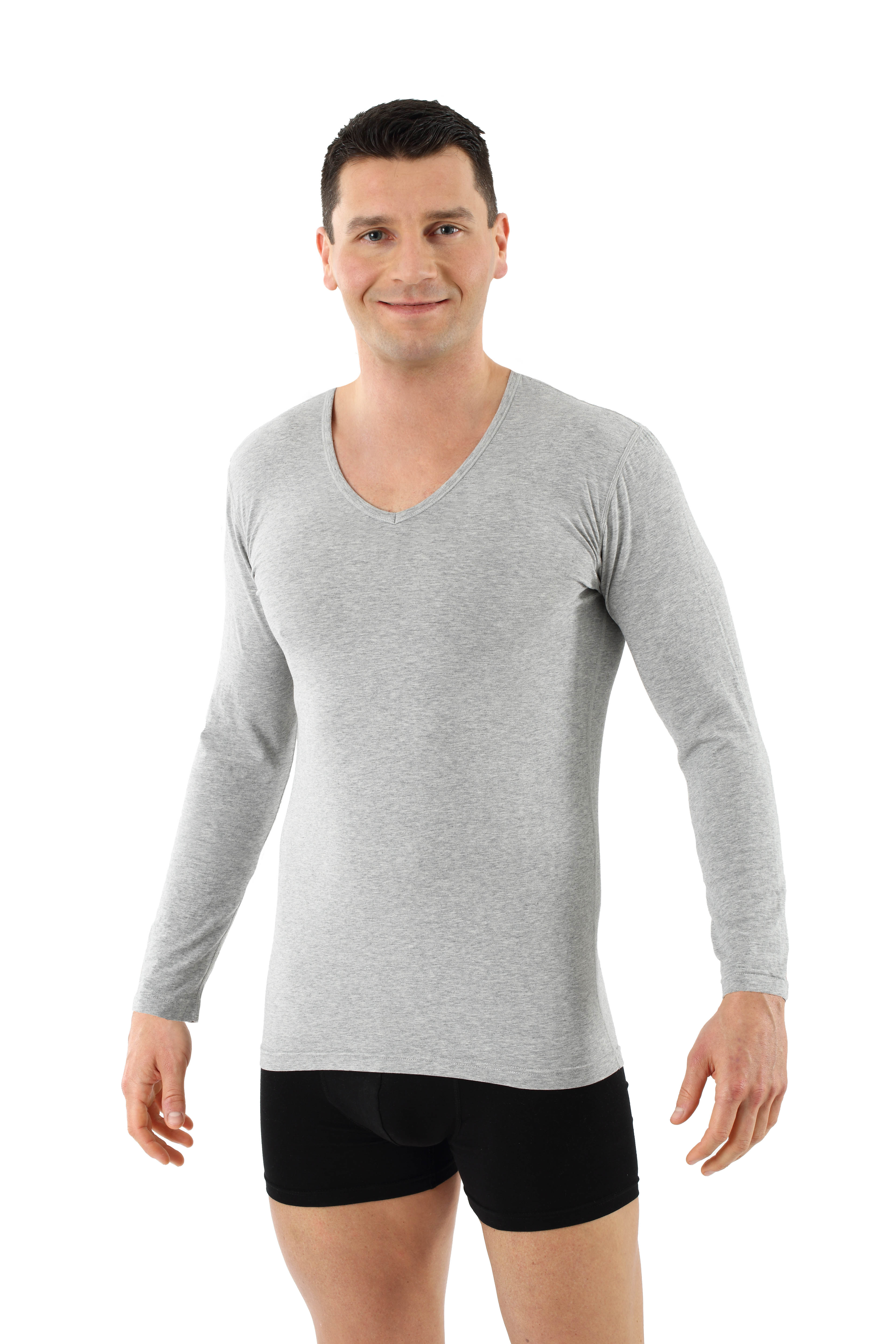 Herren Langarm-Unterhemd Bio-Baumwolle mit Elastan V-Ausschnitt grau