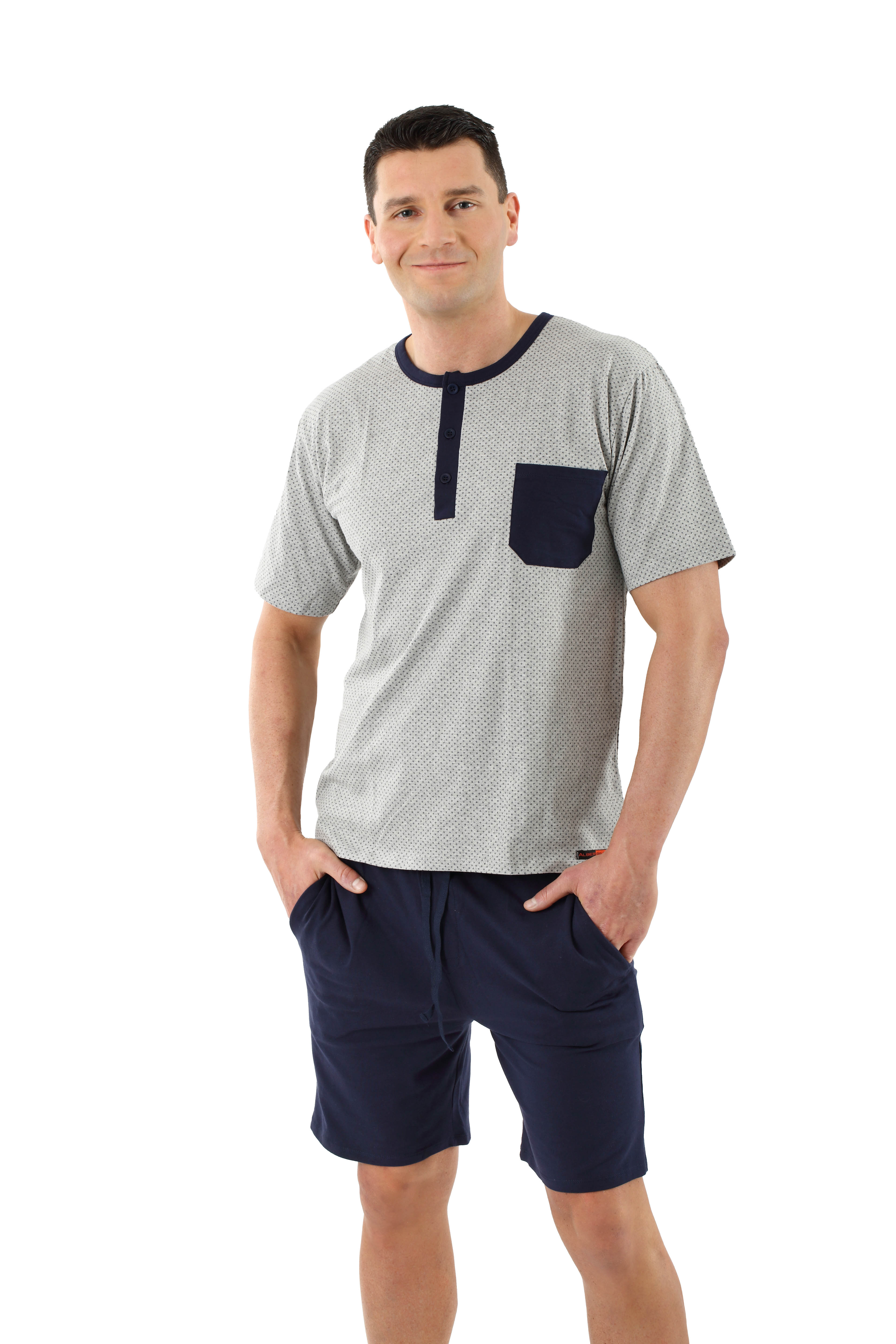 Herren Schlafanzug Kurzarm mit kurzen Hosen Stretch-Baumwolle, Marine-Grau gemustert