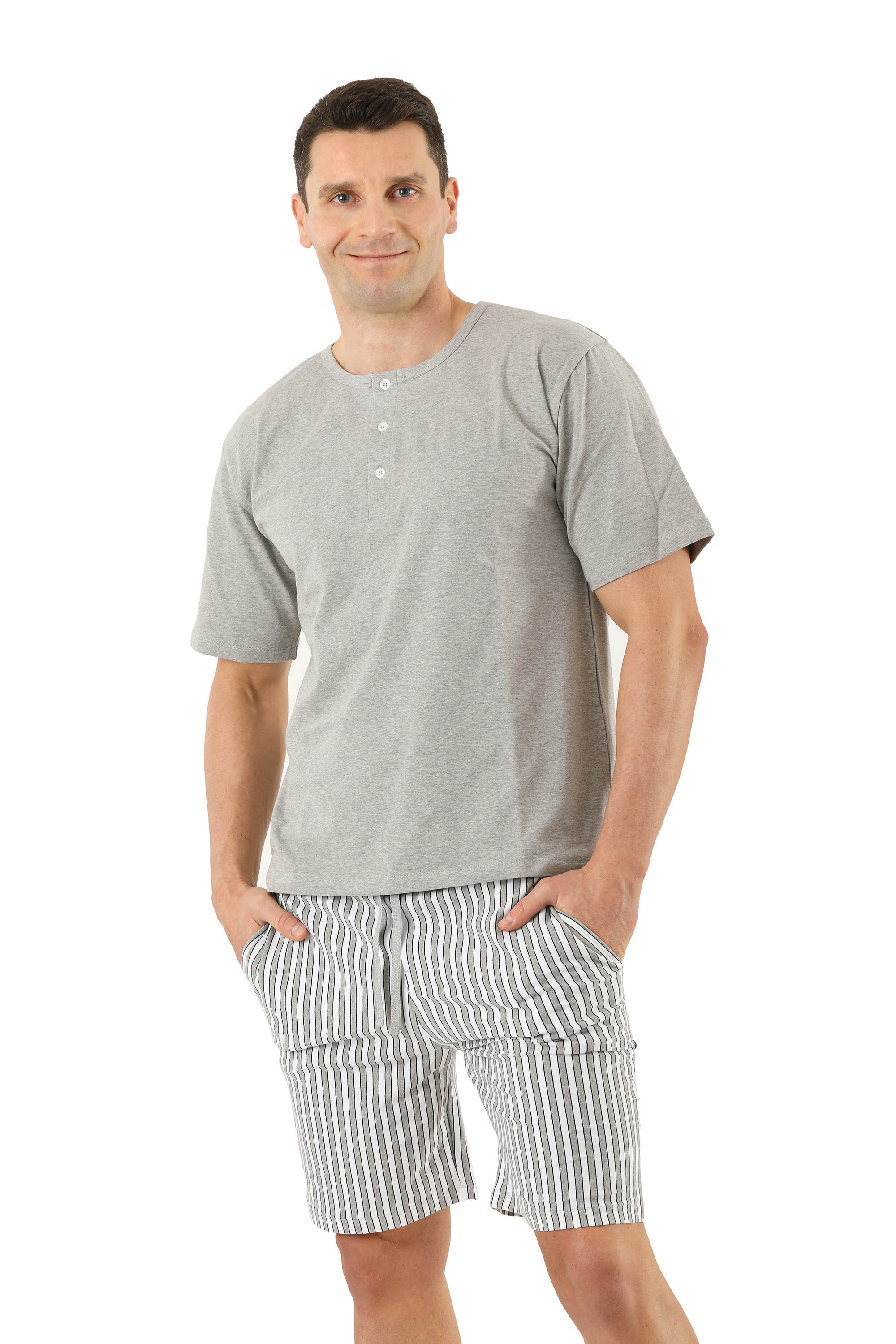Herren Schlafanzug Kurzarm mit kurzen Hosen Stretch-Baumwolle, Grau gemustert