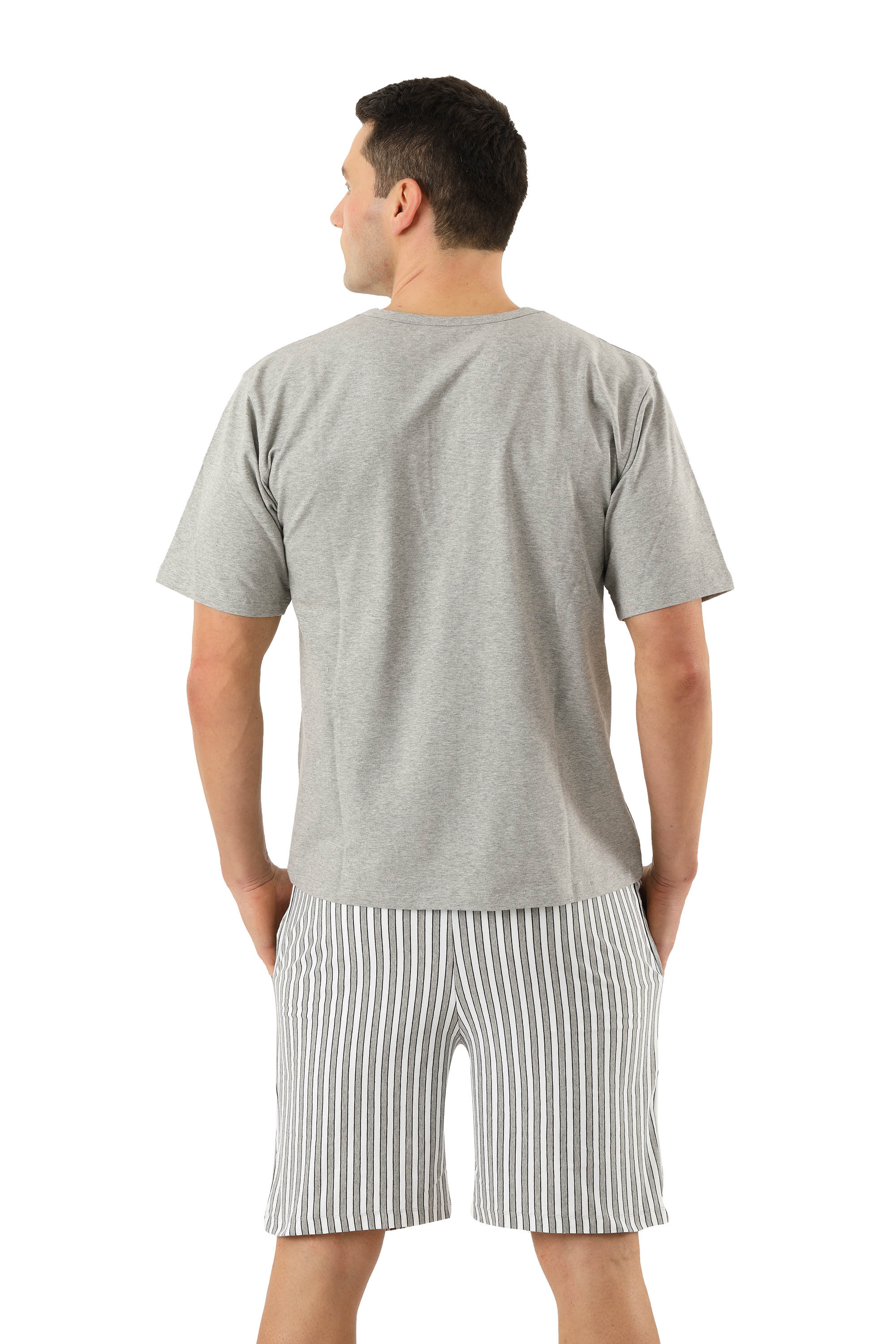 Herren Schlafanzug Kurzarm mit kurzen Hosen Stretch-Baumwolle, Grau gemustert
