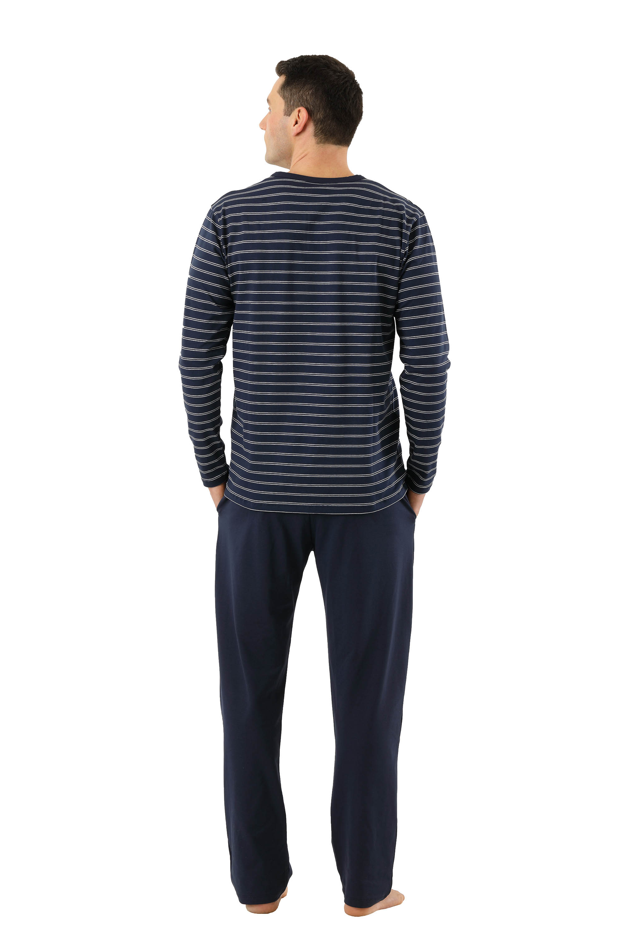 Herren Schlafanzug Langarm mit langen Hosen Stretch-Baumwolle marine - gestreift