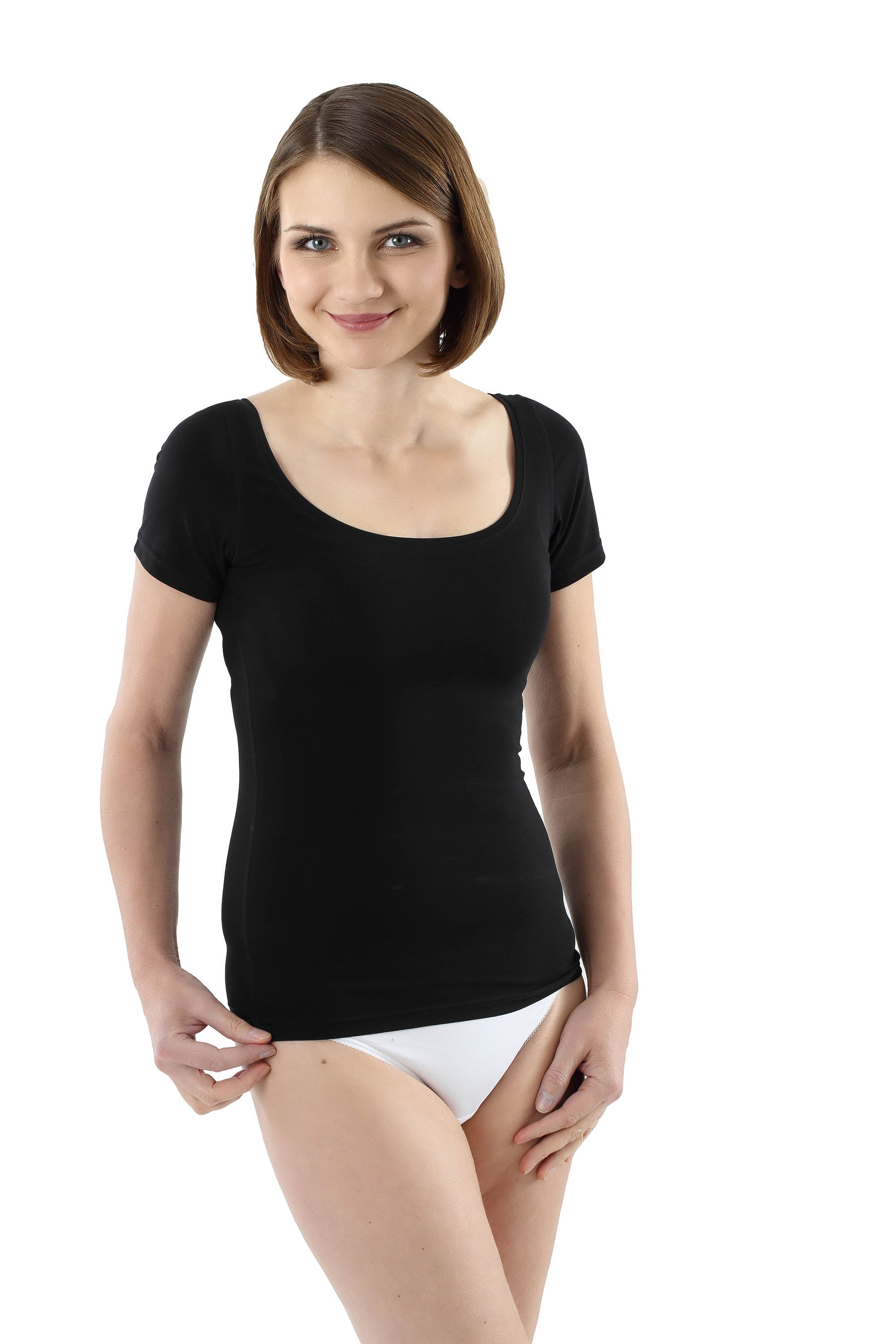 Damen Kurzarm Unterhemd mit extra weitem und tiefen Ausschnitt für breite Schultern - Stretch-Baumwolle schwarz