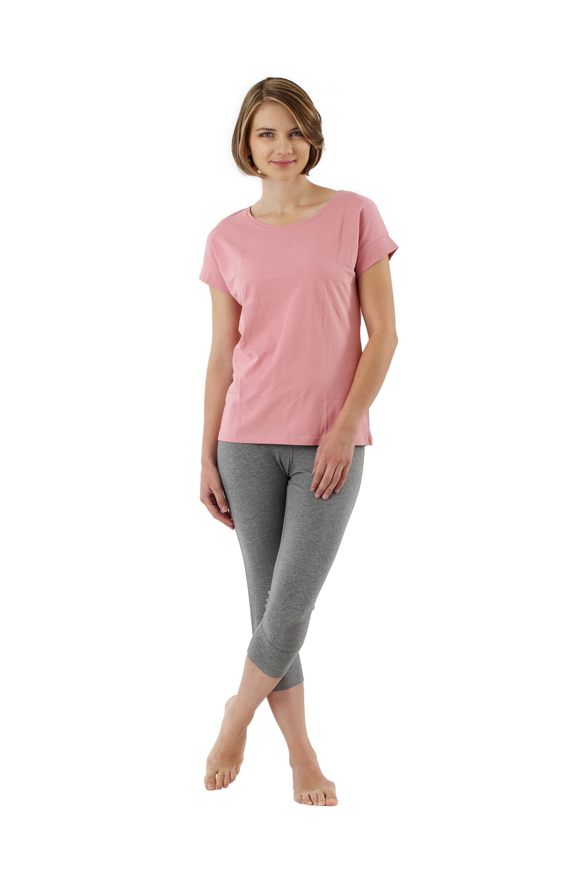 Damen Schlafanzug 3/4 Hose und Kurzarm-Shirt Stretch-Baumwolle rosa-grau