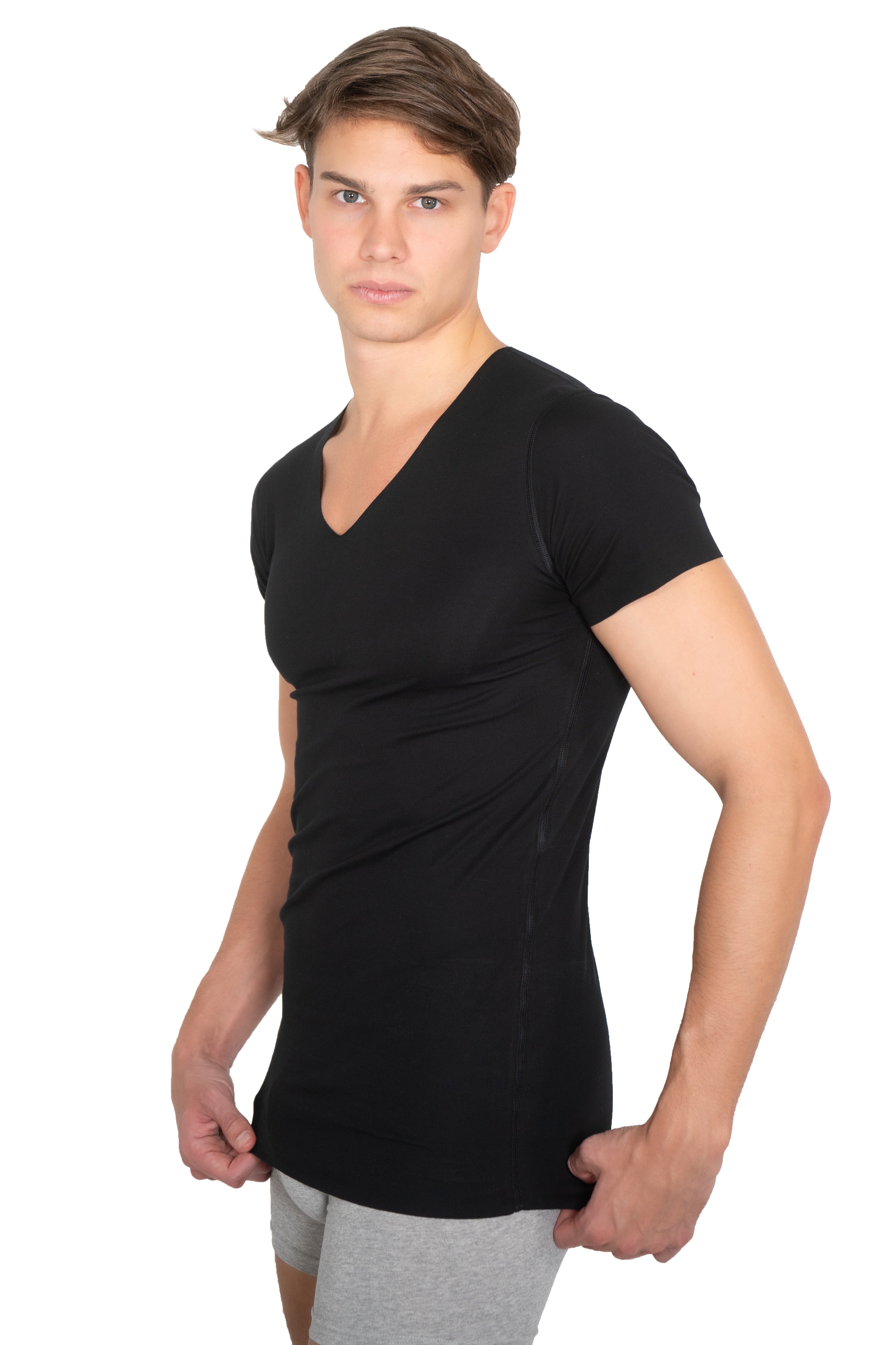 Herren Unterhemd Lasercut ohne Saum Clean Cut V-Ausschnitt Kurzarm schwarz