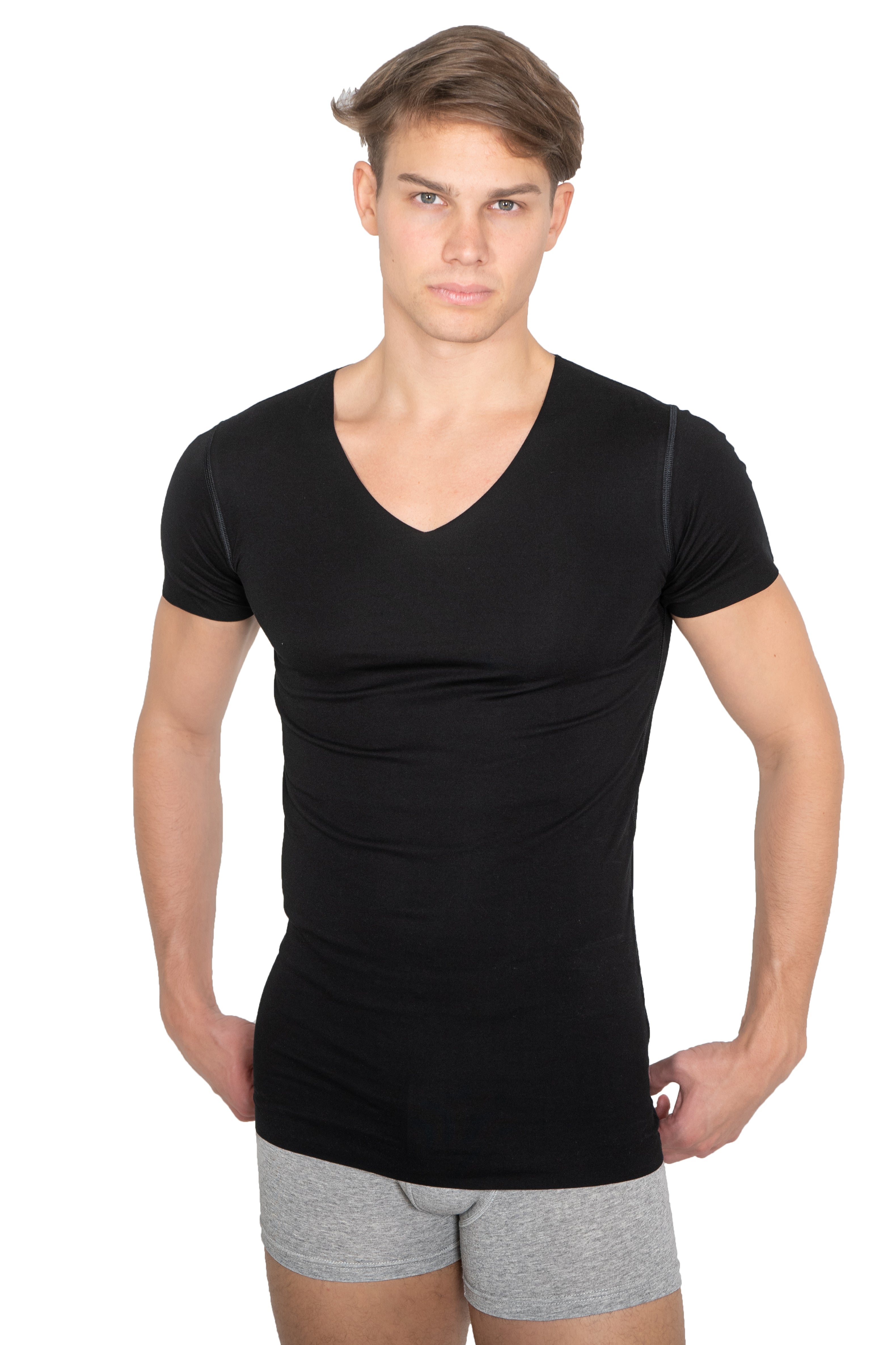 Herren Unterhemd Lasercut ohne Saum Clean Cut V-Ausschnitt Kurzarm schwarz