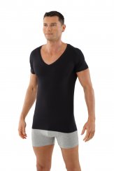 Maillot de corps noir grand col v manches courtes en micro modal light 