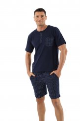 Pyjama homme à manches courtes et short en coton stretch bleue marine - avec motifs 