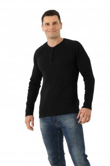 Tee-shirt henley à manches longues raglan en coton stretch (jersey) côtelé bio couleur noir 
