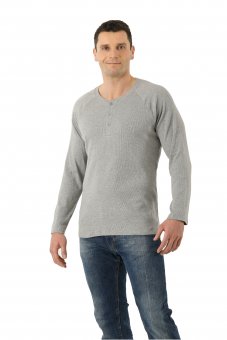 Tee-shirt henley à manches longues raglan en coton stretch (jersey) côtelé bio couleur gris mélange 