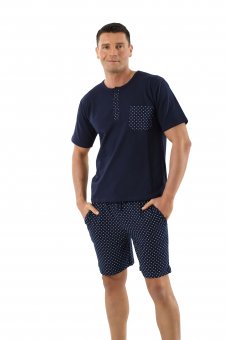 Pyjama homme à manches courtes et short en coton stretch bleue marine - avec motifs 