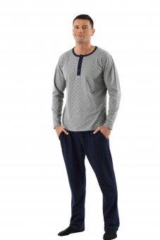 Pyjama homme à manches longues en coton stretch bleue marine - gris avec motifs 