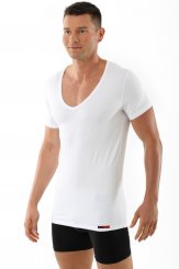 Maillot de corps blanc grand col v manches courtes en coton stretch 